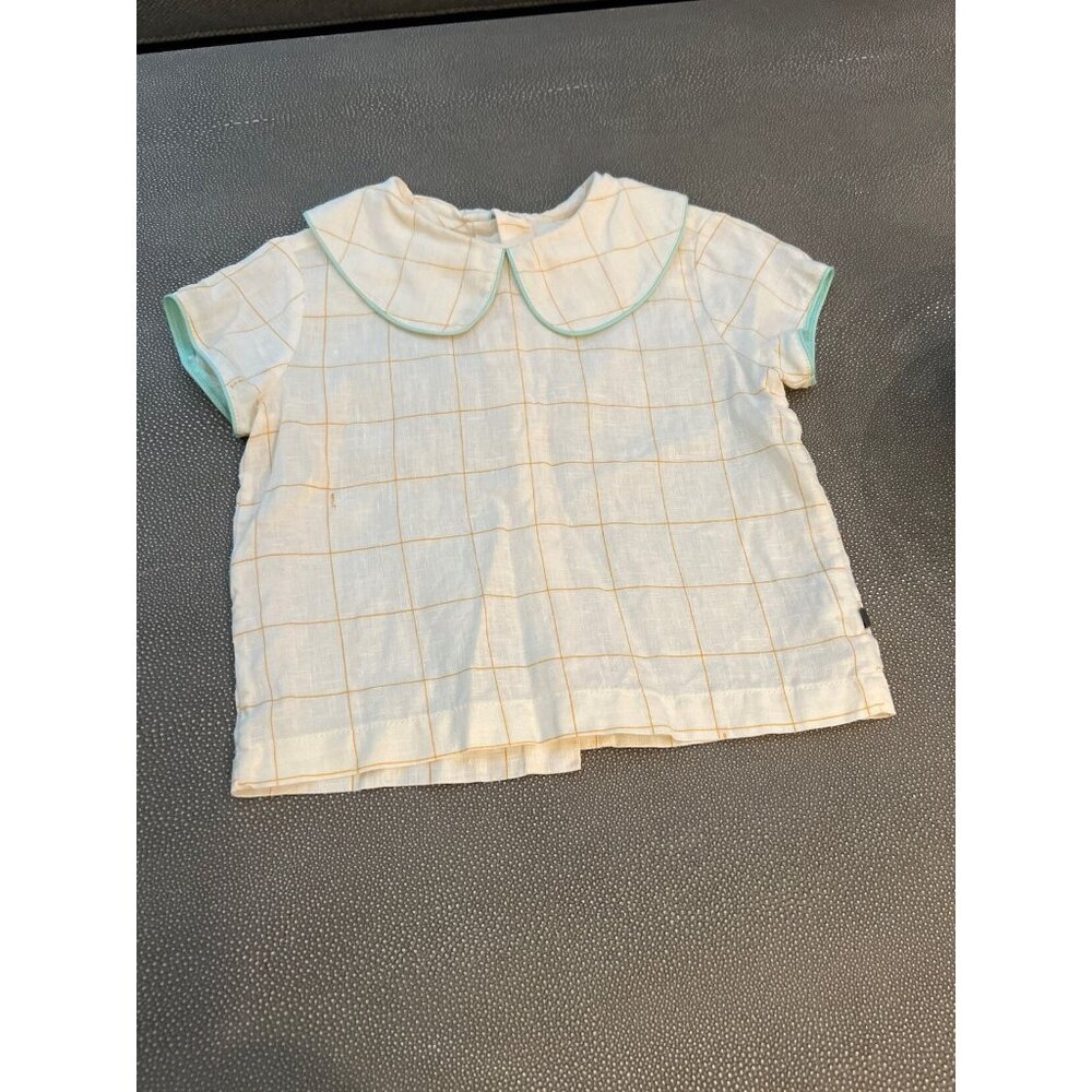 Oeuf Linen Cream Blouse With Yellow Check And Blue Trim 2/3 EUC